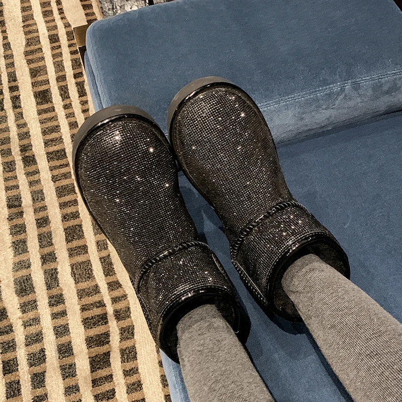 Winter Silver Women's Snow Boots Sequin Lamb Fur Thick Bottom Flat Bottom Rhinestone Women's Snow Boots