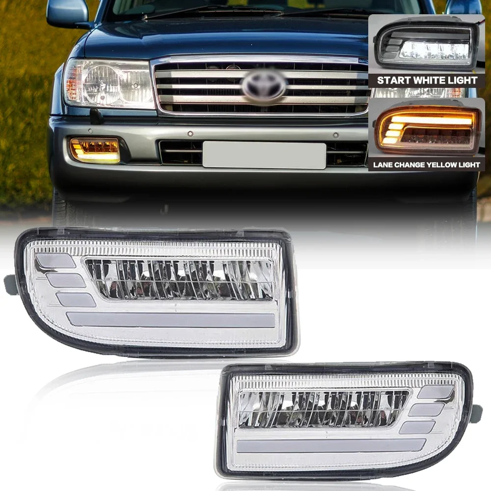 Фото 2 шт. светодиодные ДХО (дневные ходовые огни) противотуманные фары для Toyota Land Cruiser LC100 1998-2007, автомобильные ходовые огни с функцией указателя поворота в сборе №1