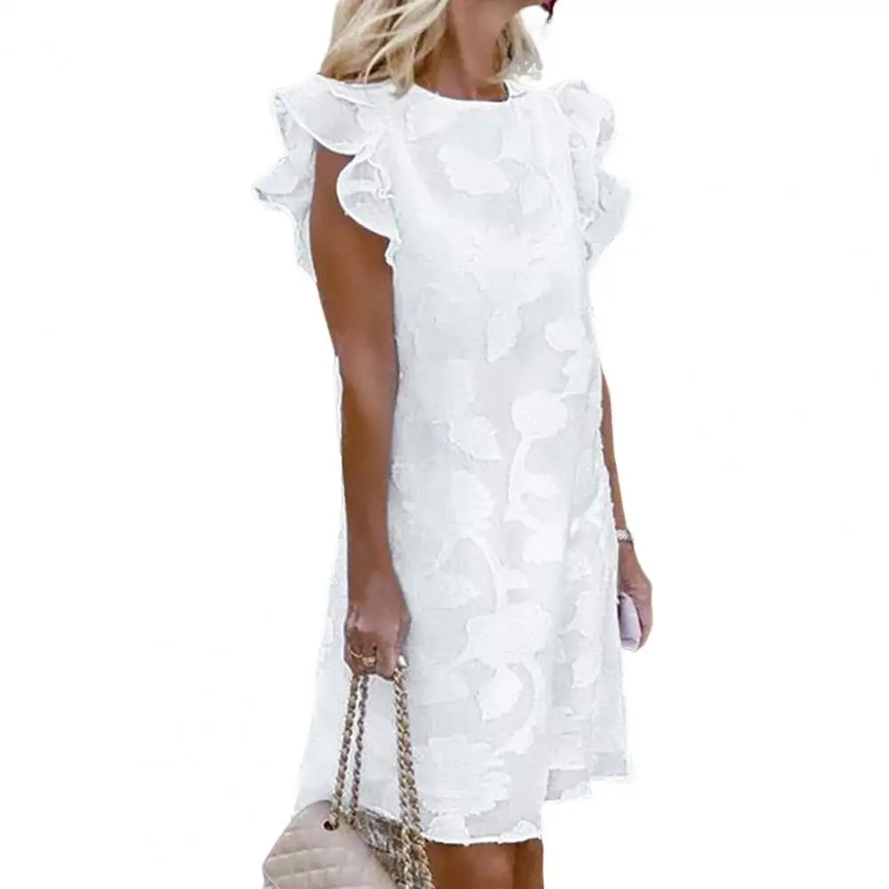 

Summer Dress Women 2022 Round Neck Hollow Knee-length Midi Dress Stacked Ruffle Short Sleeve Jacquard Dress Female Clothes