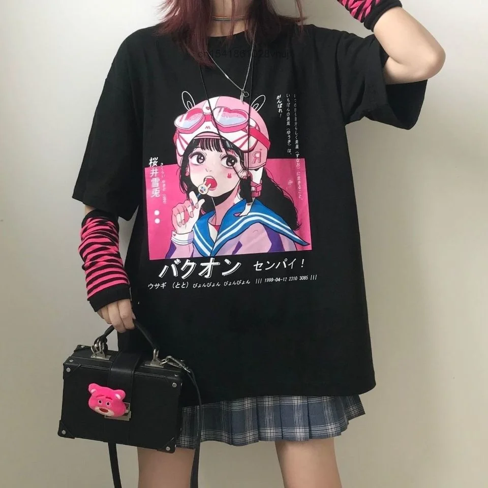 

Animation Pattern Black Short Sleeved T-shirt Women's 2022 New Summer Japanese Loose Casual Cute Print Top Women College Student
