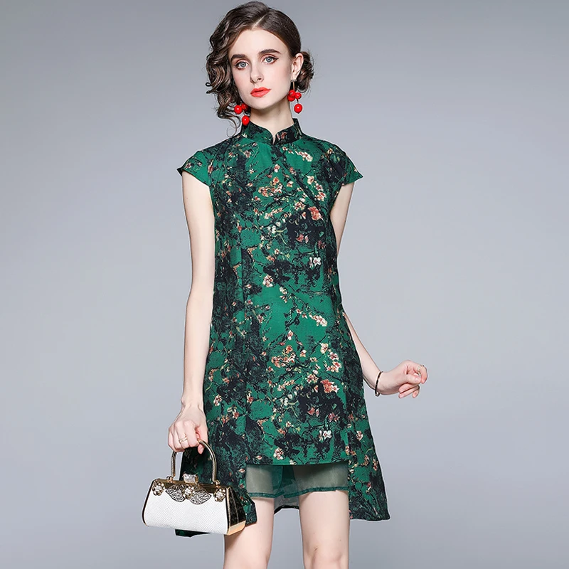 

Vintage Woman Dress Chinese Style Female Cheongsam Printing Short Sleeve Button Dresses Elegant Stand-up Collar Fashion Clothing
