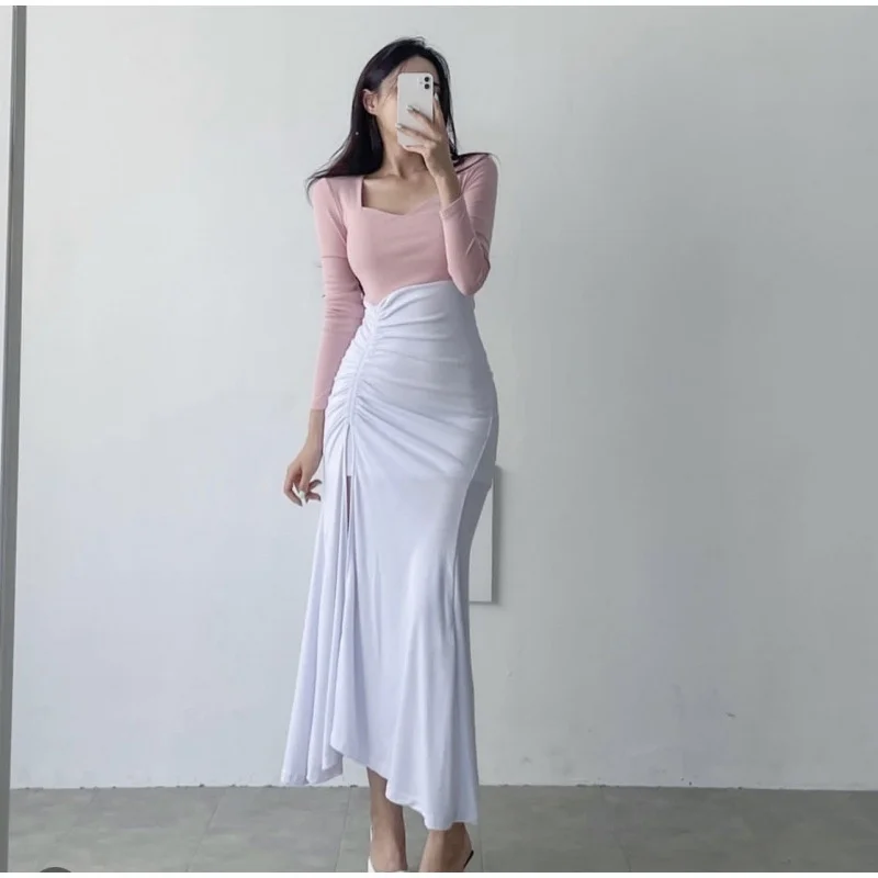 

Spring/Summer American 2023 Slim Fit Split Pleated Work Half Skirt High Waist Small Mid length skirt Sexy style sweet EW87