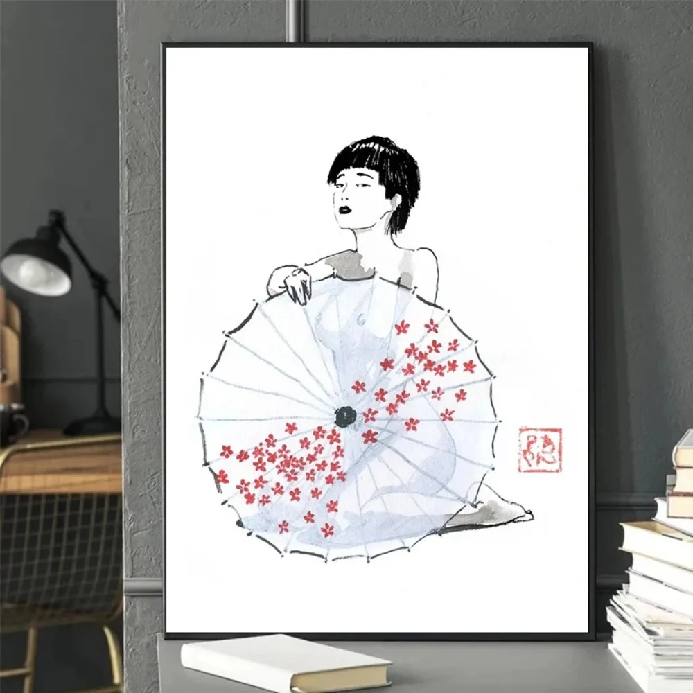 Абстрактные Черные Чернила Гейша Женщина И Зонтик Холст Принт Без Рамы Настенное