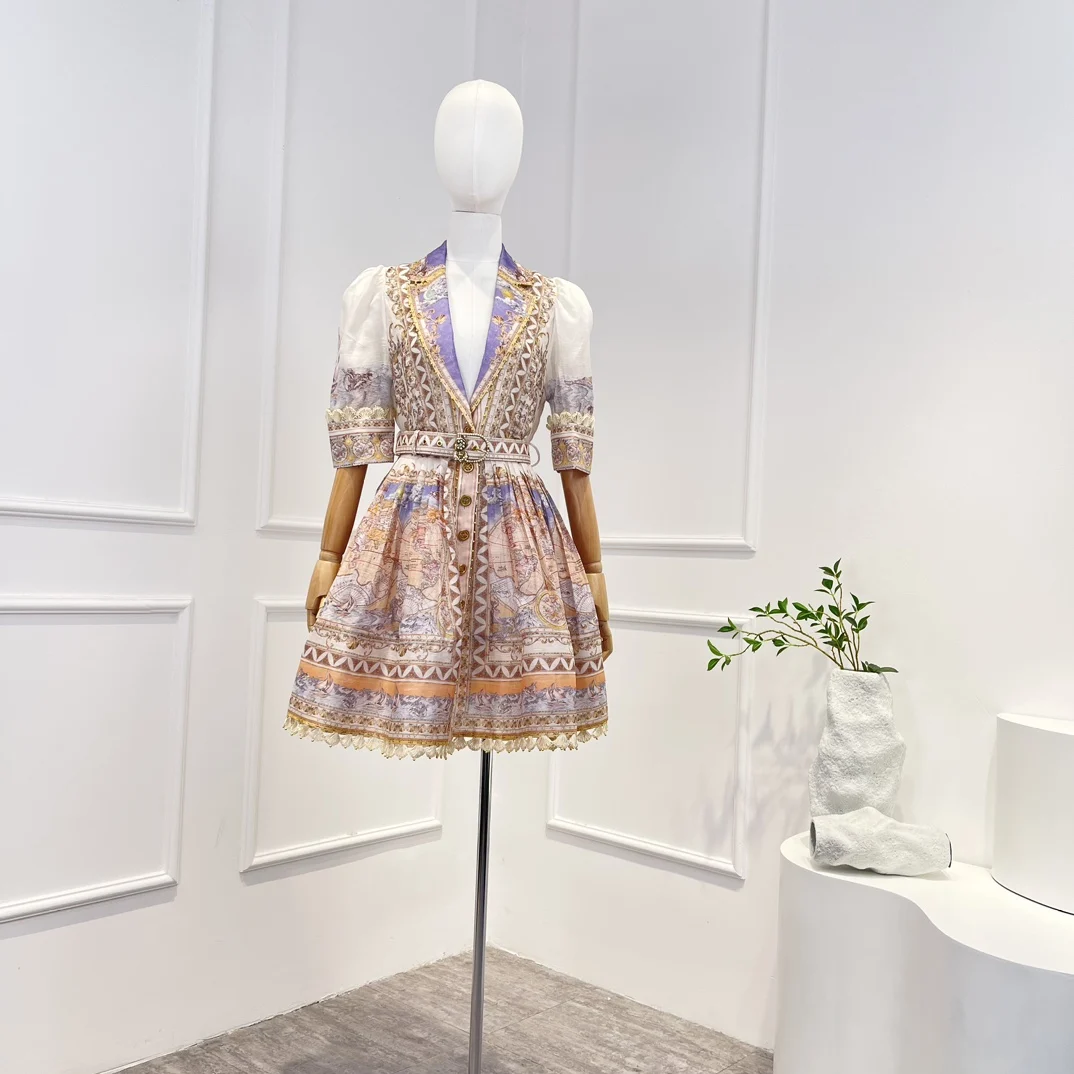 

2023 New Top Quality Women Short Sleeve V-neck World Map Printing Belt Vintage Mini Dress