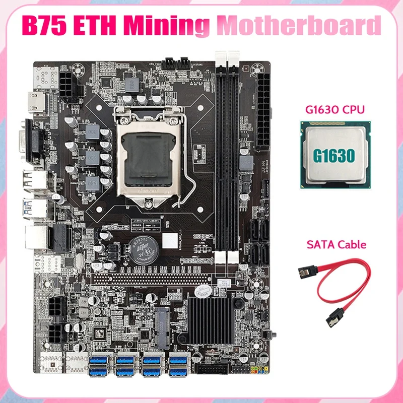 

B75 USB ETH Mining Motherboard 8XPCIE USB Adapter+G1630 CPU+SATA Cable LGA1155 DDR3 MSATA B75 USB Miner Motherboard