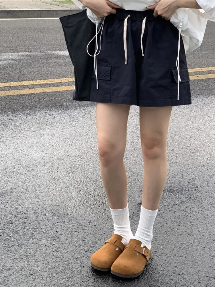 HOUZHOU Cargo Shorts Women Vintage Japanese Style Casual Baggy Black White Short Pants High Waist Short Female Summer Streetwear
