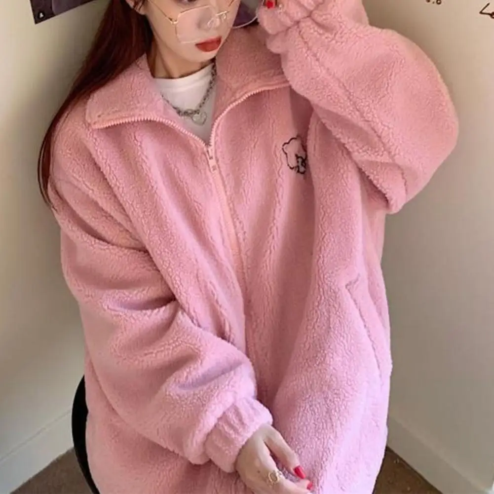 

Trendy Shaggy Overcoat Shrinkable Cuffs Women Cardigan Mid-length Cold Resistant