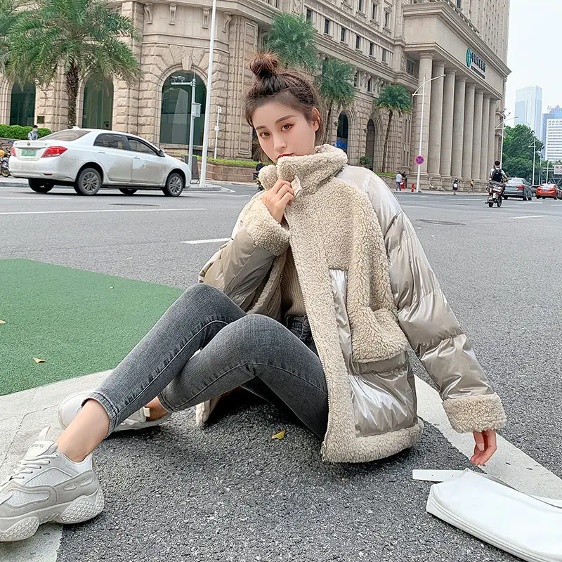 Large Size Women's Clothes Lamb Wool Spliced Warm Winter Coat Fashion Loose Casual Shiny Cotton Jacket Parka Mujer Chaqueta T127