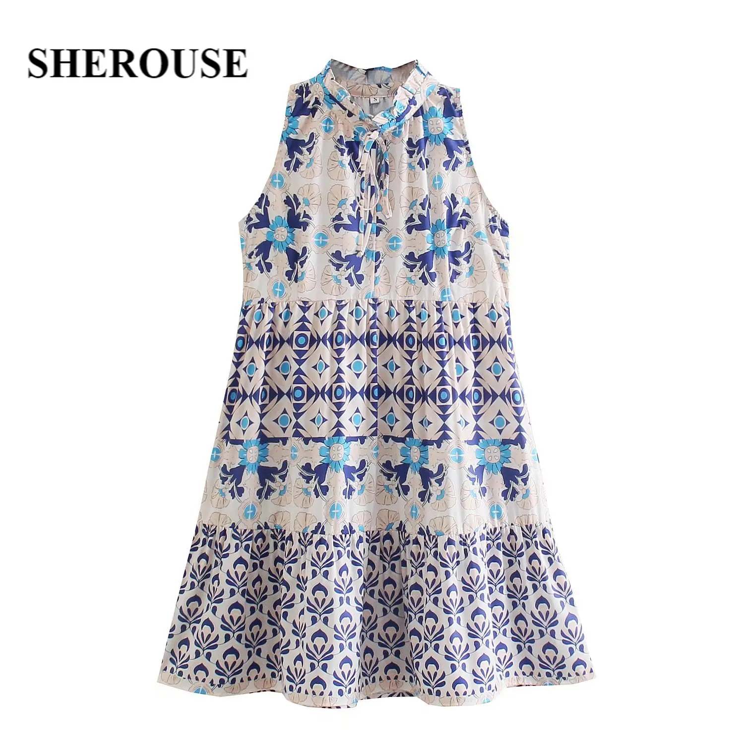 Женское винтажное мини-платье на шнуровке Sherouse без рукавов с круглым вырезом и