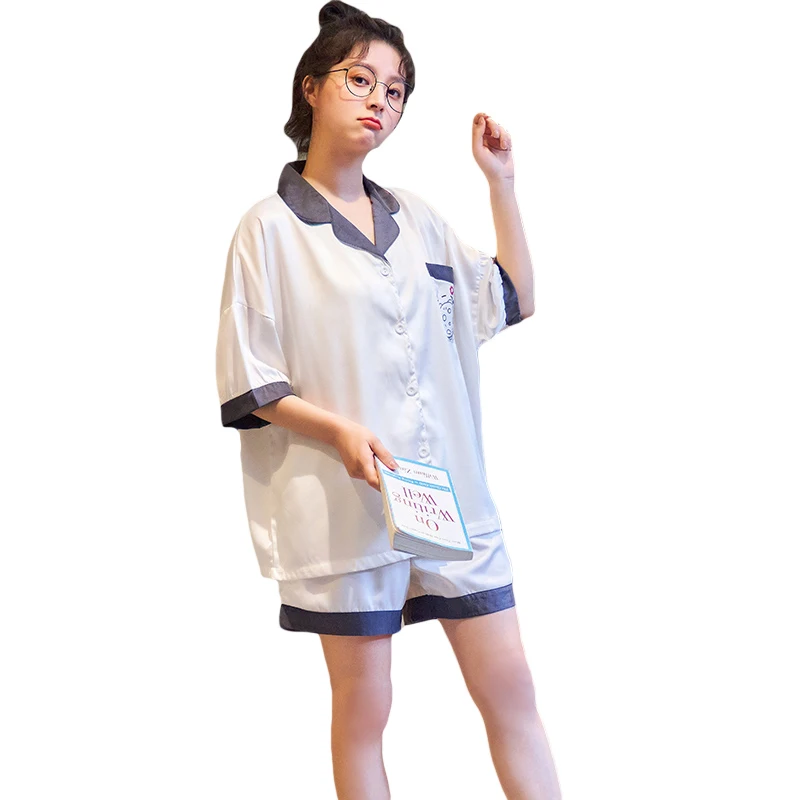 

Новый летний Шелковый женский пижамный комплект атласный кардиган с коротким рукавом и отложным воротником Большие размеры XXL Женская одеж...