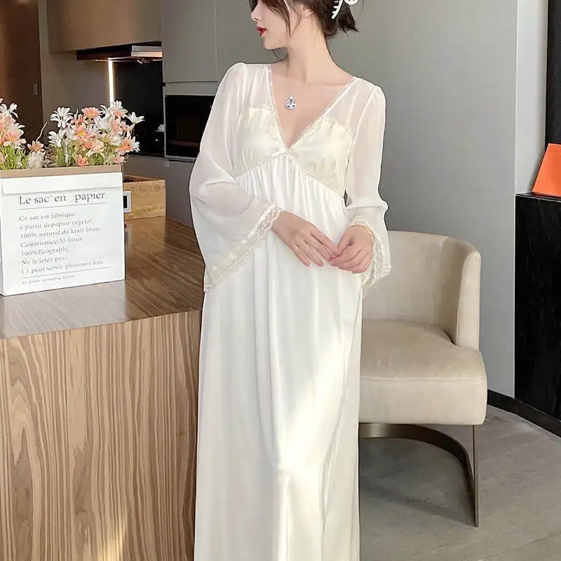 

Women Court Style Sleepwear Deep V-Neck Mesh Nightgown Lace Trim Home Dress Bridal Sleepshirt Flare Sleeve Nightwear Lingerie