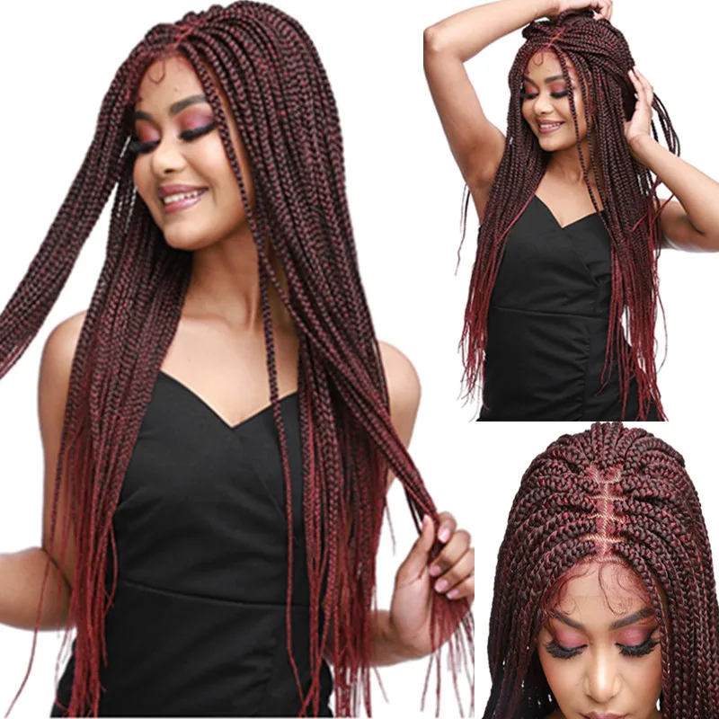 

SynthetIc Burgundy Wig Full Lace Braided Wigs Braids Wig With Baby Hair For Black Women Lace Front Wigs