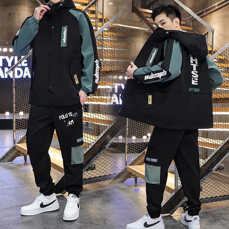 

Мужская куртка, повседневный спортивный костюм, весна и осень, Корейская версия, трендовый красивый свитер с оборками и капюшоном, комплект ...