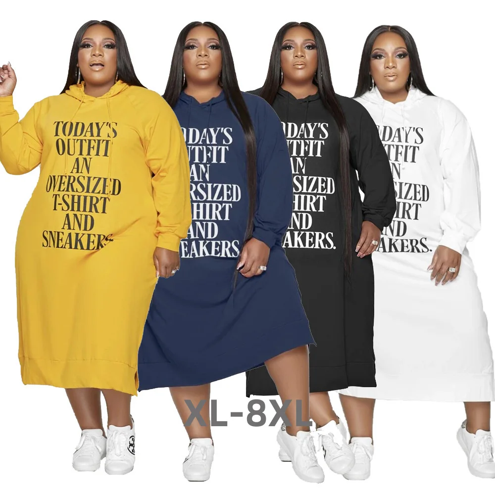Plus Size Dress Women Hoodies Letter Print Loose Casual Dress Pockets Winter Clothes Maxi Dresses Whole 3xl 4xl 5xl 6xl