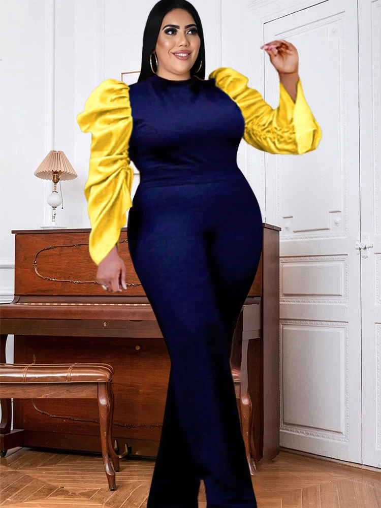 

Patchwork Women Navy Blue Jumpsuits Yellow Pleated Long Sleeve High Waist Long Rompers Wide Leg Pants Overalls 4XL Big Size Fall