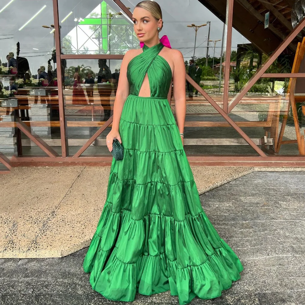

Halter Green Satin Dress Ruffles LayeredA-line Evening Dresses For Women Open Back Prom Dress With Bow Custom Made Gowns