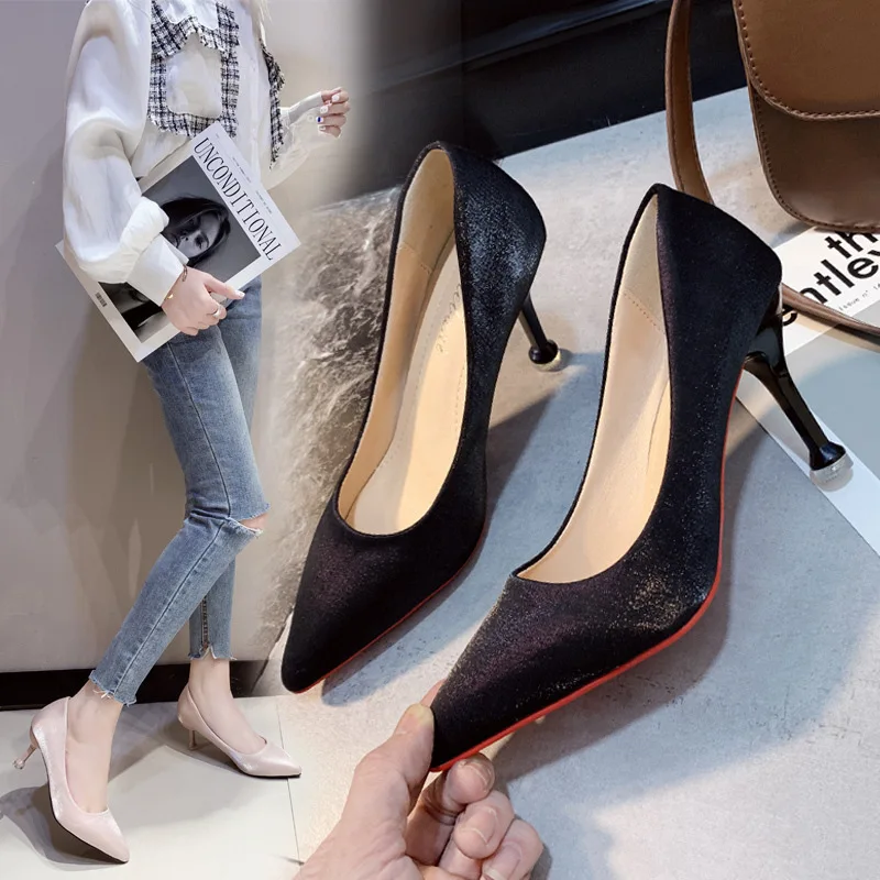 

Sexy Women Shoe Red Heel Woman New Flock High Heels Women Pumps Ladies Office Shoes Pointed Off White Summer Heels Shallow Shoes