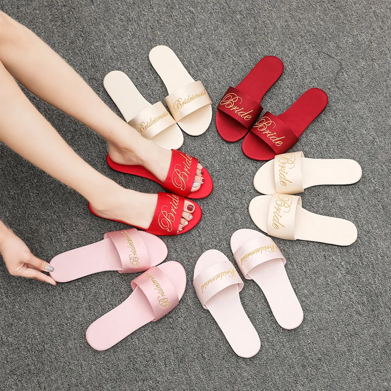 Women Sandals Summer Shoes Woman Satin Slippers 2021 Red Wedding Slippers Soft Bottom Bride Sandal Zapatos De Mujer