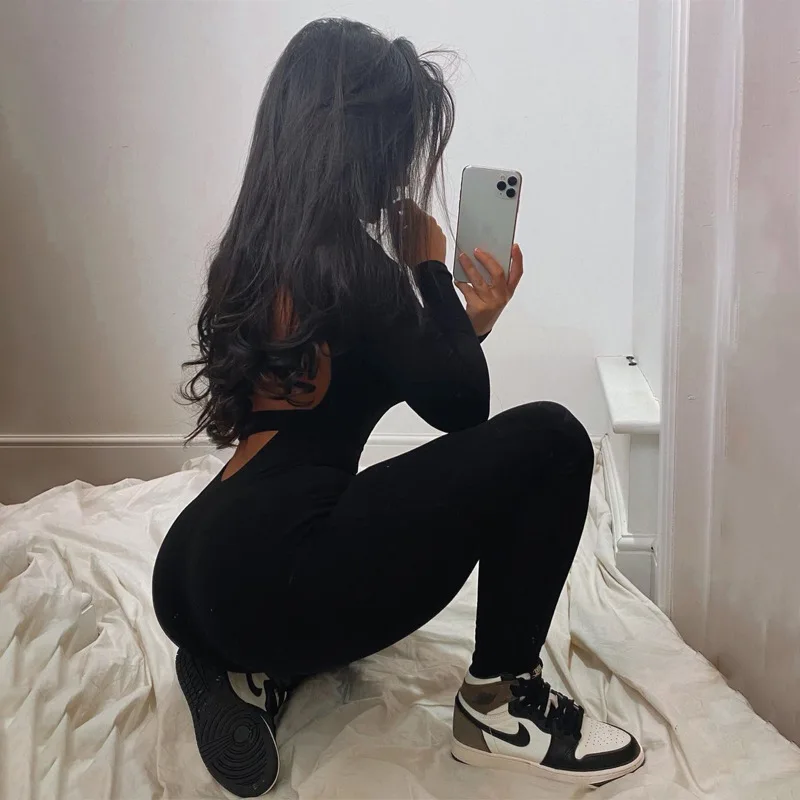 Summer Y2K Solid Black Basic Bodysuit For Women Fashion Long Sleeves Halter Backless Flare Pants Simple Casual Streetwear