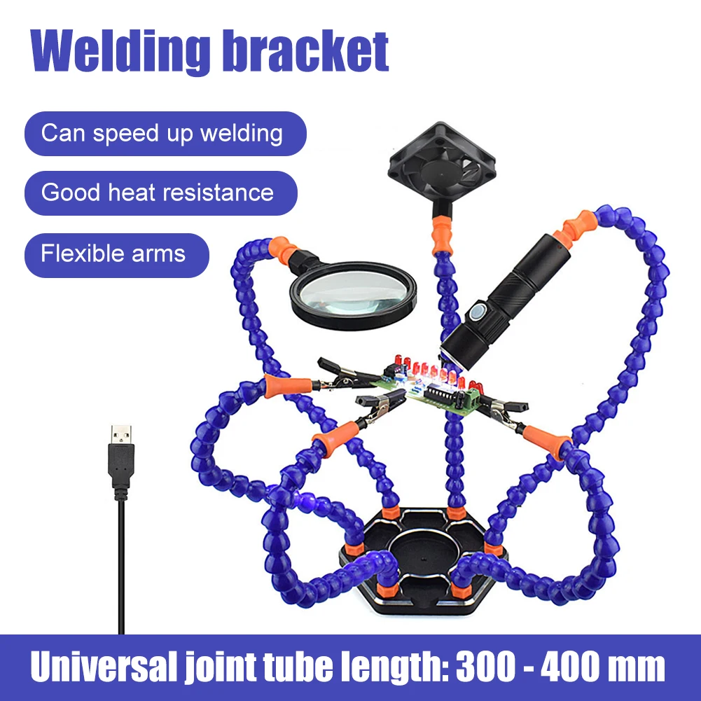 

Auxiliary Welding Table Wiht 3X Magnifier USB Light Fan Soldering Helping Hands 6 Flexible Arms for Soldering/Electronic Repair