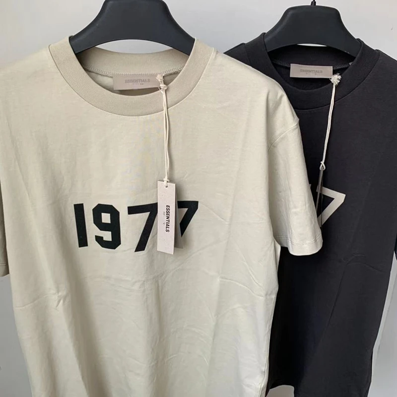 

ESSENTIALS Apricot T-shirt High Street Oversize Flocked 1977 Print Men Women 1:1 Essentials Tops Tee