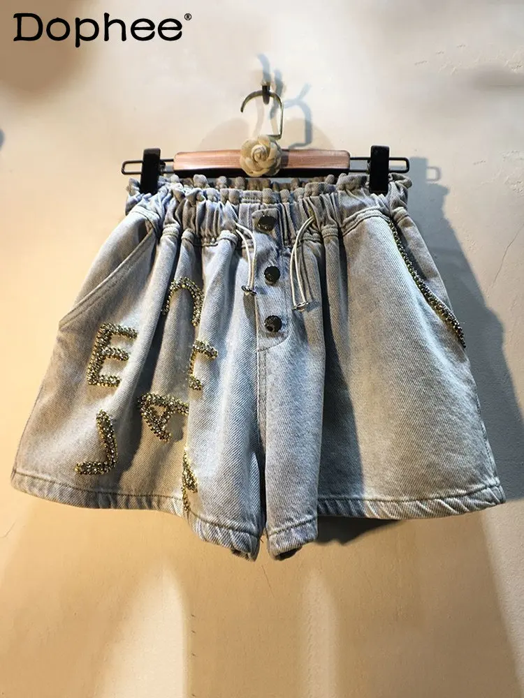 

Fashion Diamond Beaded Letter Wide Leg Jeans Women's Party High Waist Elastic Loose Denim Shorts 2023 Spring