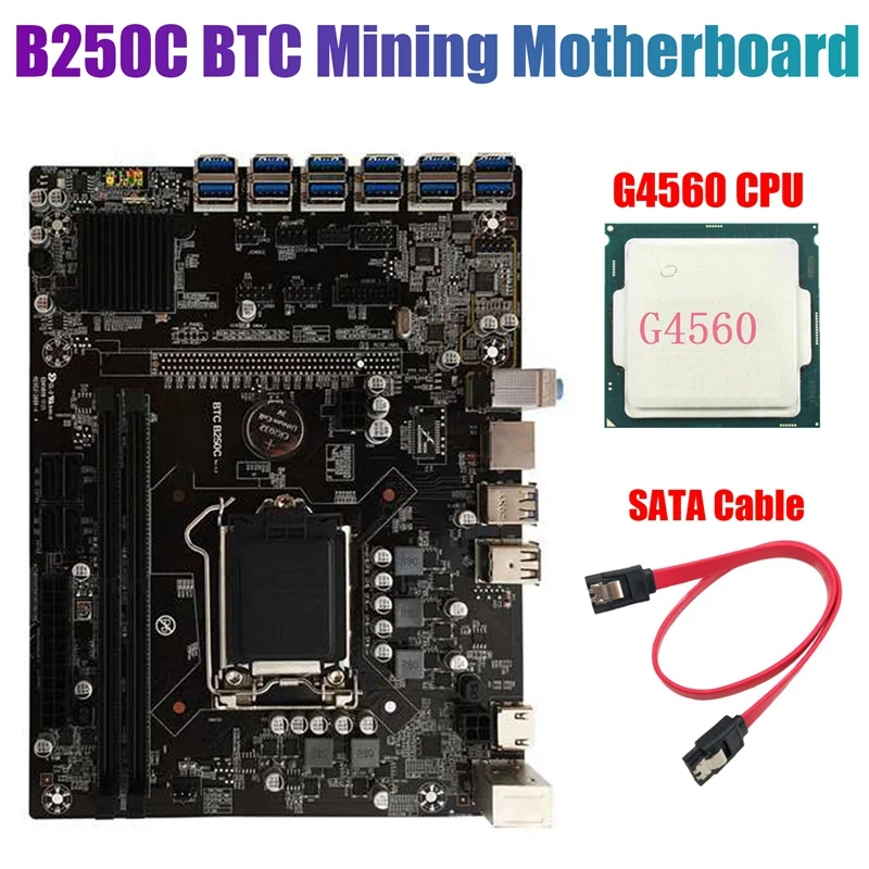 

Материнская плата B250C для майнинга BTC с процессором G4560 + кабелем SATA LGA1151 12xpcie в разъем для графической карты USB3.0 поддерживает DDR4 RAM