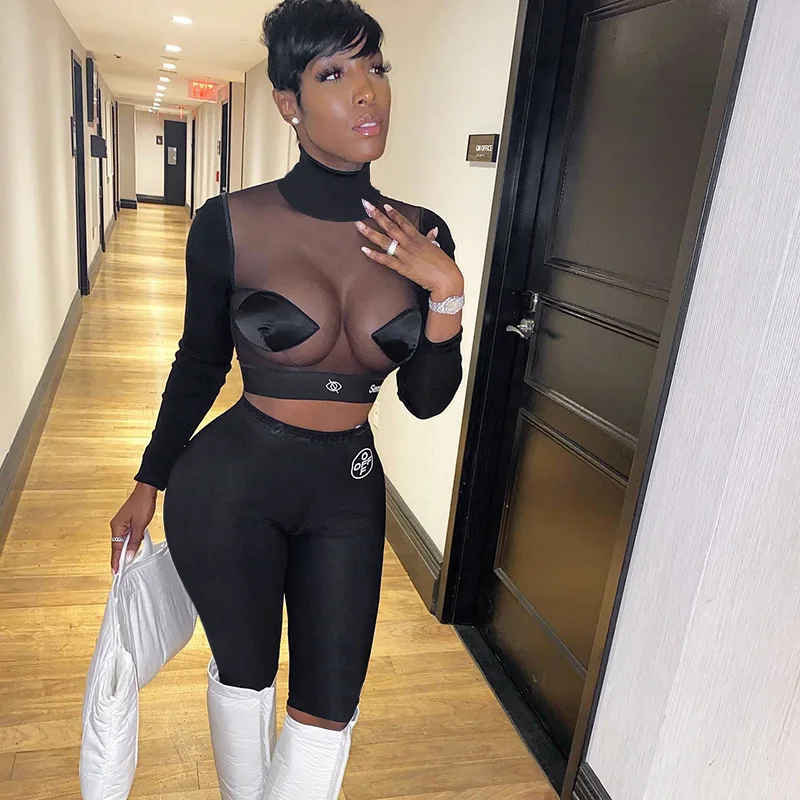 

Mesh Patchwork Two Piece Set Sexy Women Suit Outfits Crop Turtleneck Tops Sweat Cyber Y2K Cargo High Waist Pant Shorts Tracksuit