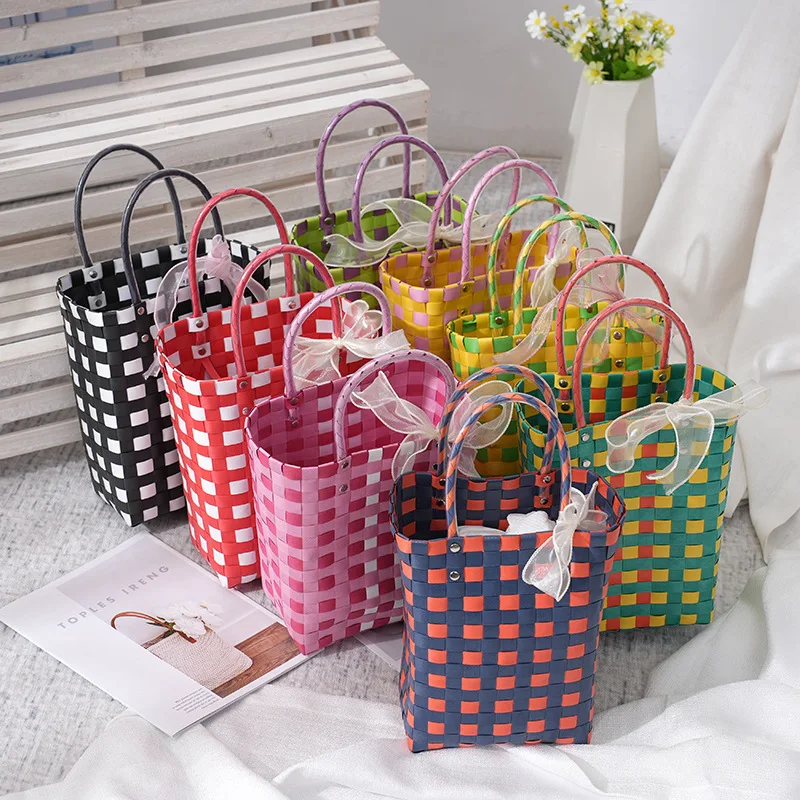 Colorful Woven Small Basket Trend Fashion Splicing Large Capacity Leisure Vacation Vertical Square Beach Bag