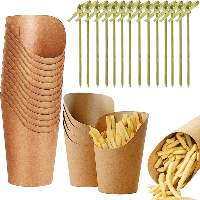 

Одноразовый держатель для картофеля фри, 50 шт., чашки для колбасы и 100 шт. бамбуковых шампуров, Коктейльные медиаторы, Крафтовая бумага, чашки для французской фри 14 унций