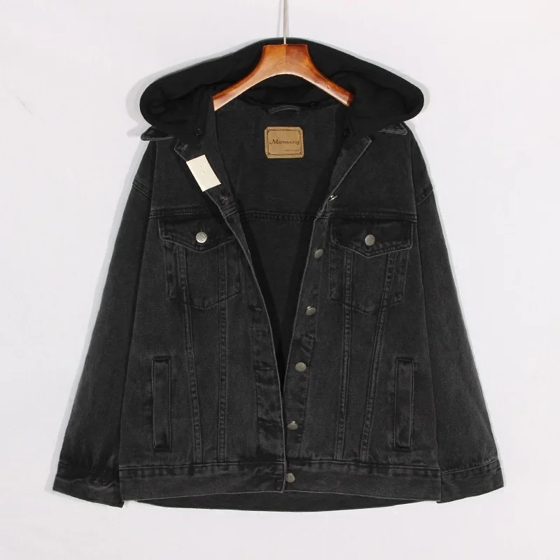 

Black Long Denim Jacket Women Loose Removable Hooded Casual Femme 2020 Spring Autumn Bomber Jeans Jacket Coat Women Outwear