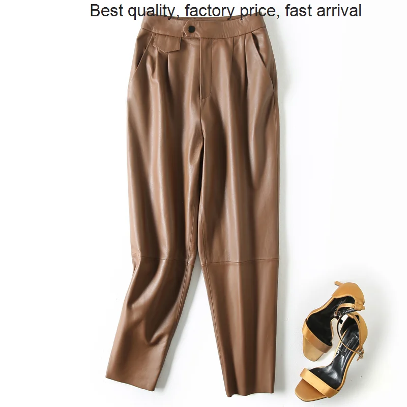 

quality luxury brand Leather Cropped High Waist Women Genuine Sheepskin Solid Pencil Harem Pants 2023 New Autumn Winter Fashion