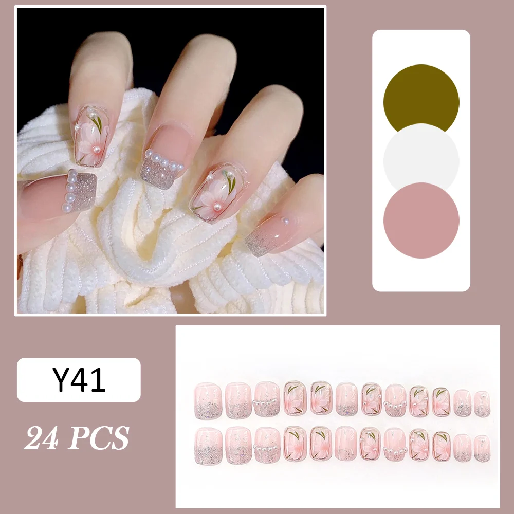 

Новинка, 24 шт., накладные ногти с нежными цветами, блестящие жемчужные накладные ногти для женщин и девушек, накладные ногти, салонные искусс...
