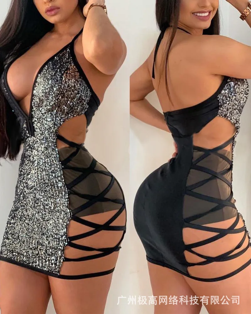 

Мини-платье с блестками, лямкой на шее и глубоким V-образным вырезом