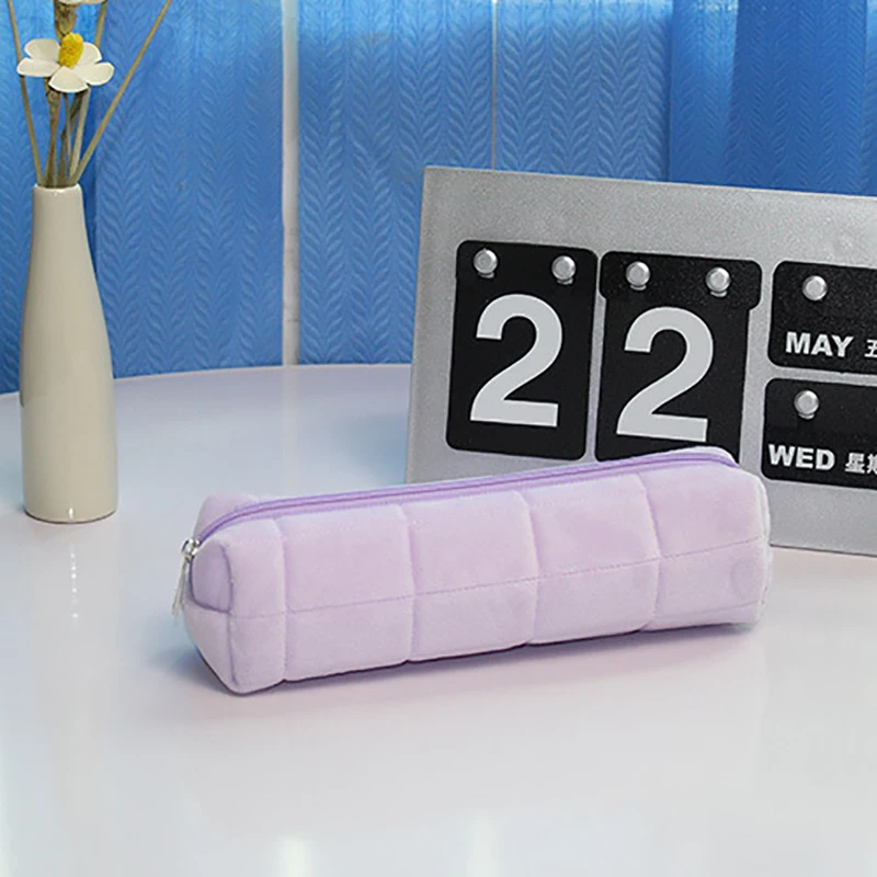 Comfortable Soft Color Block Terry Pencil Pouch Bag Blank Suede Fleece School Pencil Bag