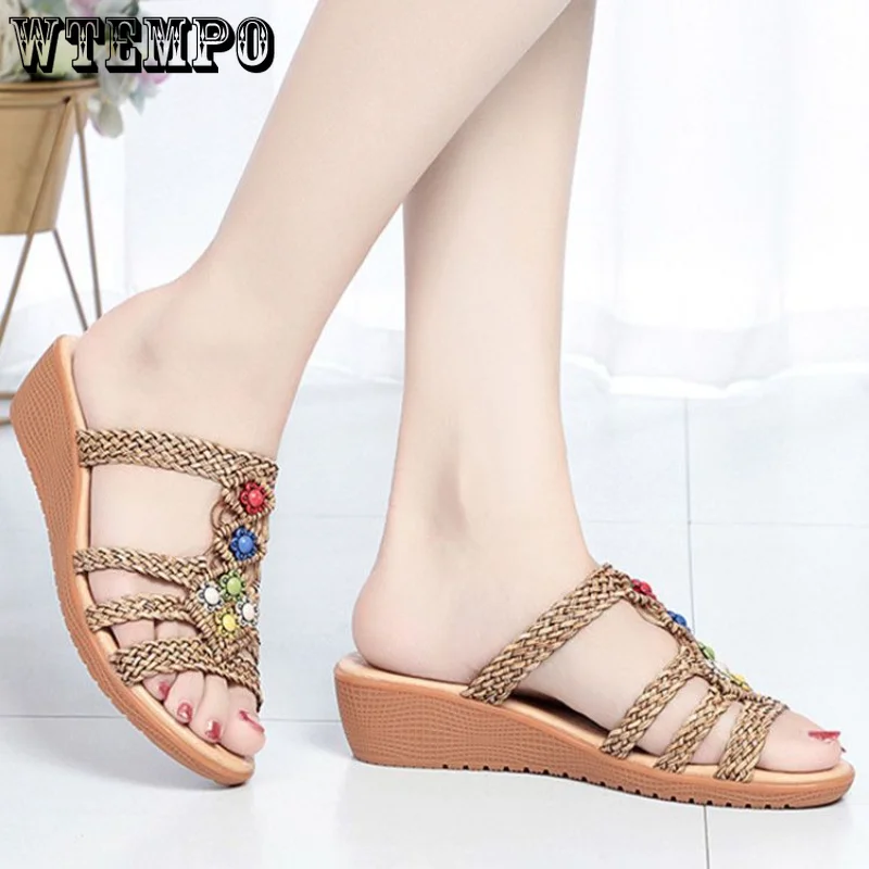 WTEMPO Bohemia Style Weave Wedge Slippers Women 2023 Summer Soft Sole Sandals Comfortable Non Slip Beach Slides Wholesale