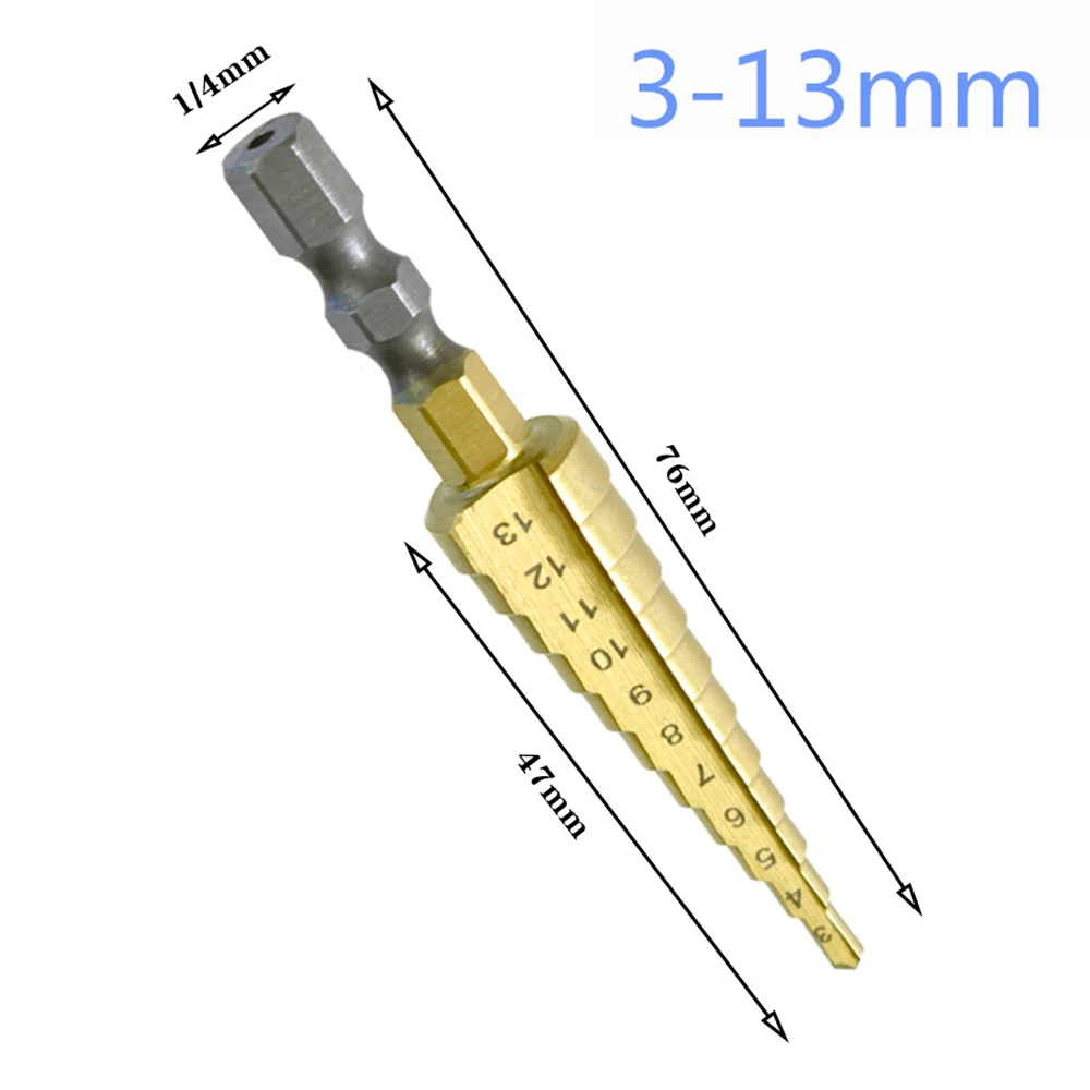 

3-13mm Step Core Drill Bit Hexagon Handle HSS Spiral Grooved Titanium Coated Step Drill 1/4 Inch Effectively Extend Hexagon