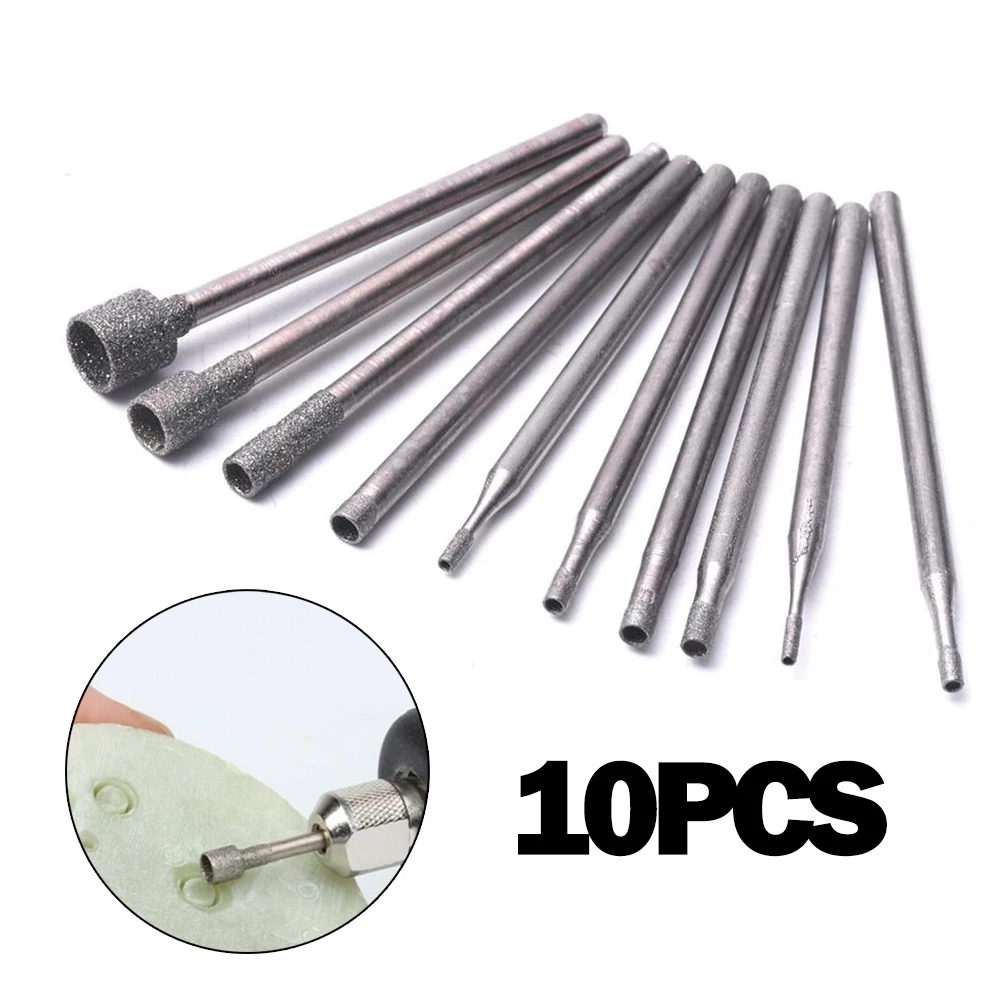 10Pcs 0.8-5mm Diamond Burr Core Drill Bit Engraving Shank For Glass Tile Grinding Hollow Head  2.35mm Shank Electric Rotary Tool