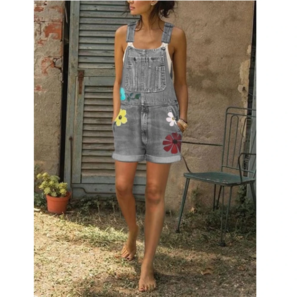 Women Jumpsuits Denim Printed Blue Pocket Thin Washed Female Rompers Overalls Summer Playsuit Fashion Belted Ladies Overalls