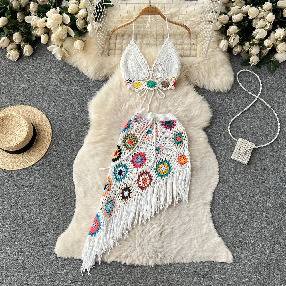 

Summer Bohemian style knit hollow hook hanging neck V neck halter top irregular skirt two sets
