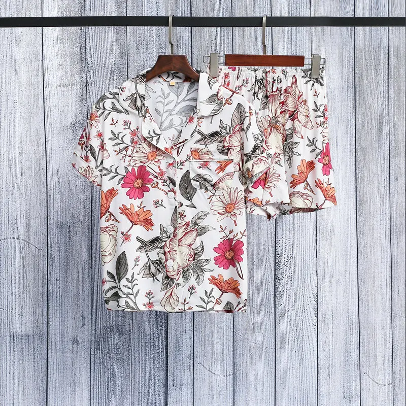 Cotton floral Pajamas Set for Women  Pajamas Sets  Short Sleeve Pj Set Summer Lounge homewear floral Hot pants short sleeve
