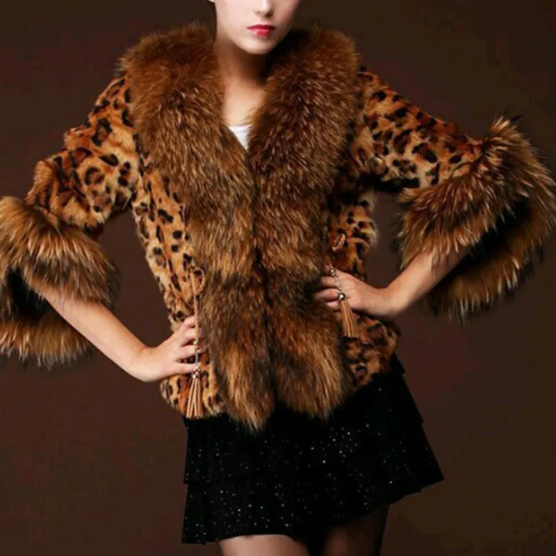2023 Leopard Print Faux Fur Short Coat Winter Women's Fashion Unique Big Fur Collar Female Warm Fluffy Coat