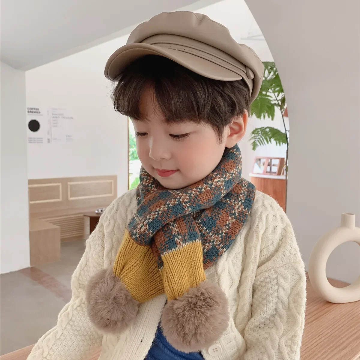 

Осенне-зимний вязаный детский шарф Корейская версия теплая Шахматная накидка на шею модная шерстяная накидка на шею для мальчиков и девочек