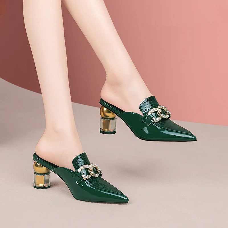 

Женские полутапочки Baotou, летняя новая модная женская обувь с острым носком, полутапочки из мягкой кожи на толстом каблуке