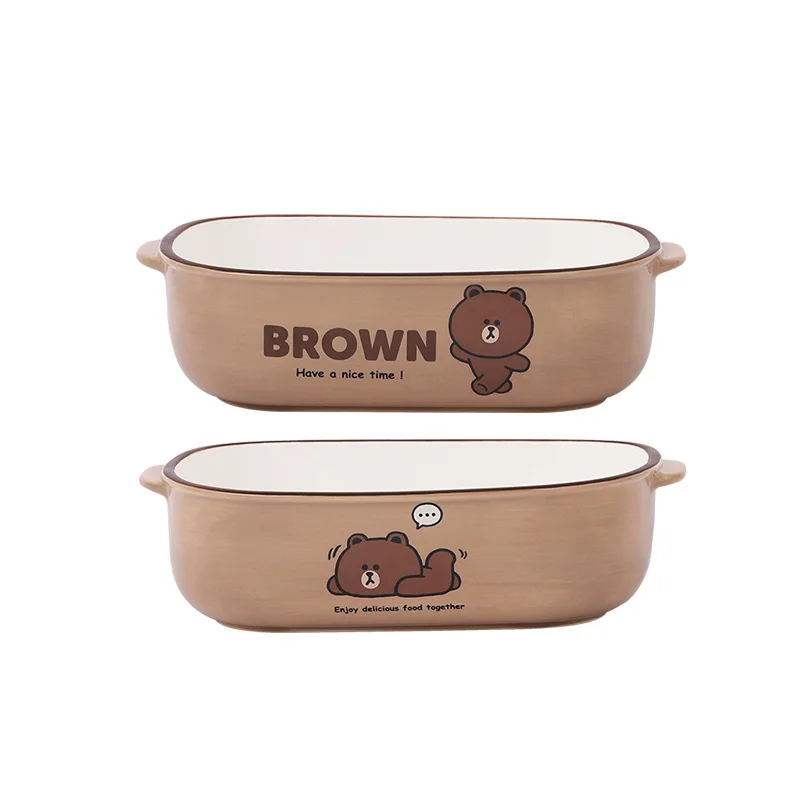 

Line Friends Cartoon Brown Ceramic Household Binaural Rectangular Lunch Box Cony Oven Microwave Special Porcelain Bowl Lunch Box