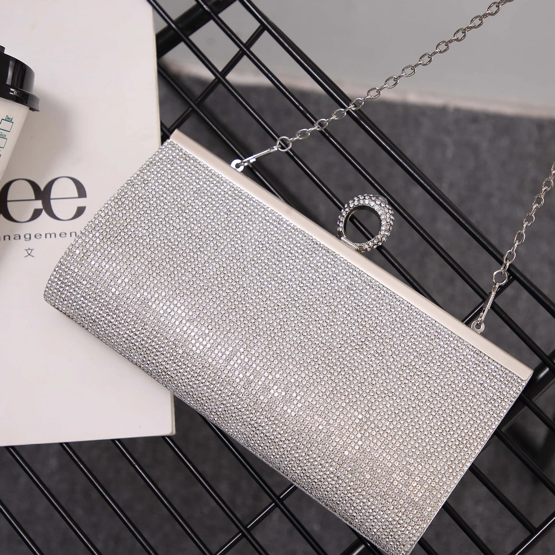 ROENICK Women Diamond Beaded Evening Bags Banquet Chain Shoulder Messenger Wallet Silver Party Cocktail Wedding Mini Minaudiere