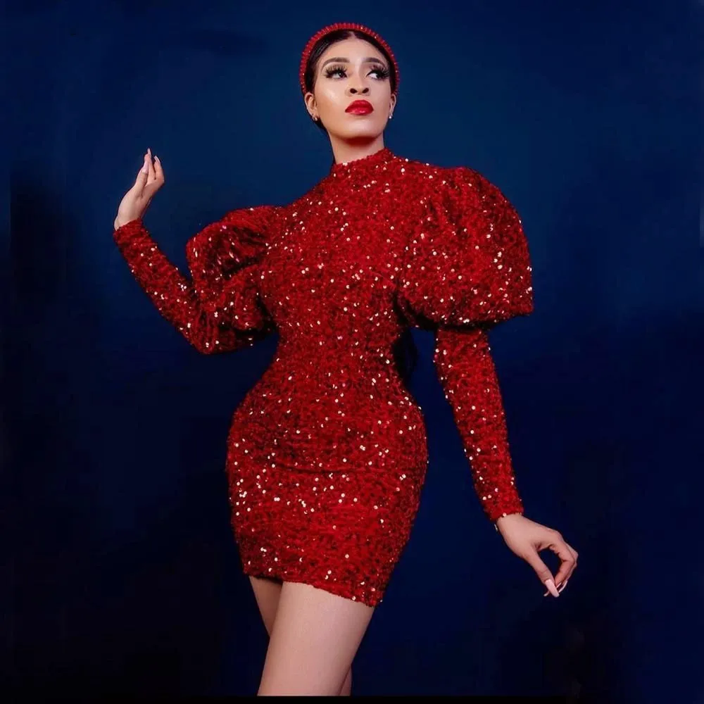 

Красные сексуальные короткие платья для выпускного вечера с высоким воротом пышные с длинным рукавом Стрейчевые Блестки для встречи выпускников Свадебные Вечерние платья Вечернее платье