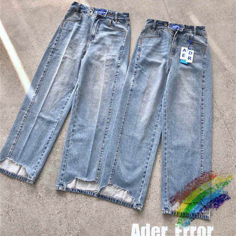 

Blue Adererror Jeans Men Women 1:1 High Quality Ader Patch Label Adererror Cinder Pants Broken Back Pockets Trousers