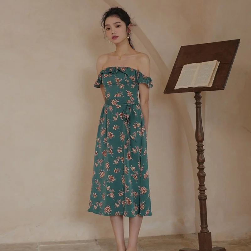 

2021 Summer Fashion Sexy Ruffled Slash Neck Backless Thin Midi Dress for Women Vintage Floral Print Boho Beach Vacation Outfits