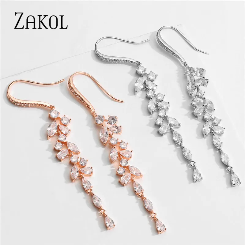 

ZAKOL Two Tone Leaf Cubic Zirconia Long Dangle Earrings for Women Bridal Wedding Event Pendant Style Fashion Gift Wholesale